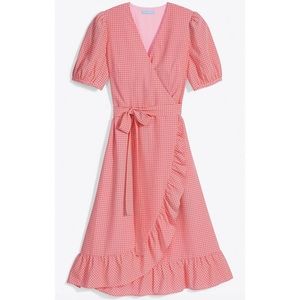 Draper James Reba Raspberry Flutter Gingham Puff Sleeve Wrap Midi Dress